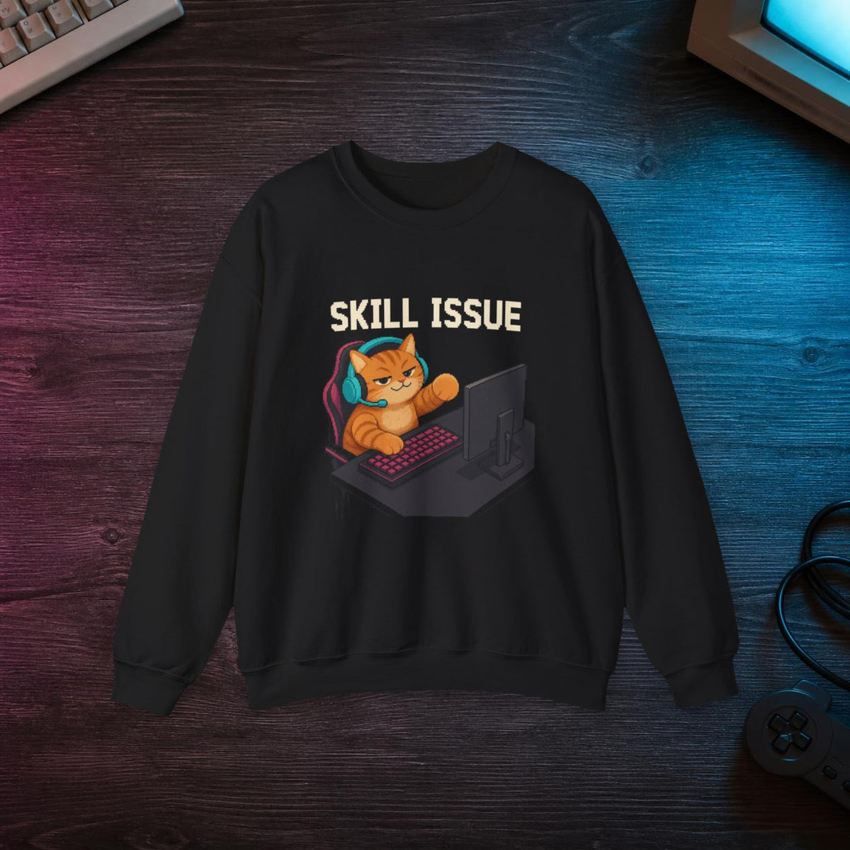 Skill Issue Gaming Cat Crewneck Sweatshirt — Wear8bit — faithful supplier-product retro gaming room scene; digital mockup [Wear8bit gaming cat v1]