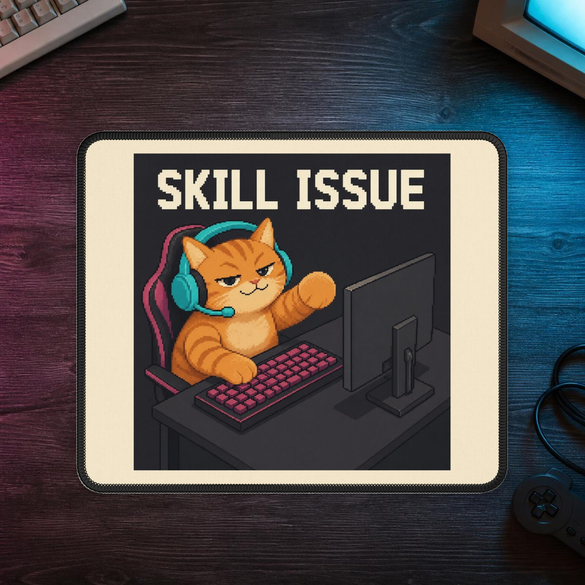 Skill Issue Gaming Cat Gaming Mousepad — Wear8bit — faithful supplier-product retro gaming room scene; digital mockup [Wear8bit gaming cat v1]