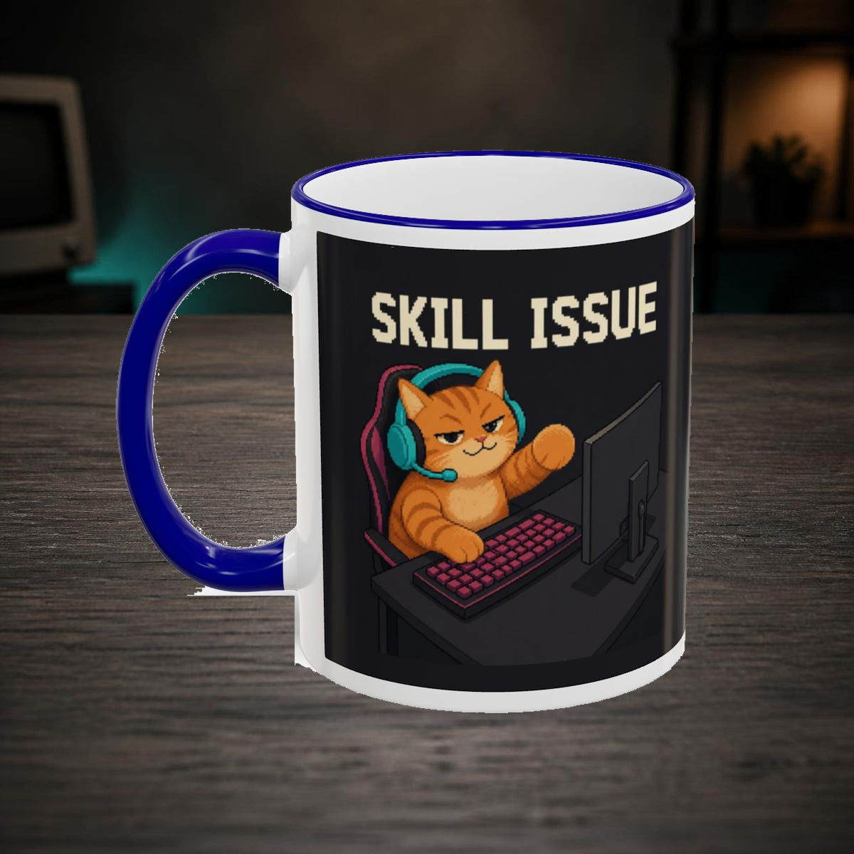 Skill Issue Gaming Cat Accent Mug — Wear8bit — faithful supplier-product retro gaming room scene; digital mockup [Wear8bit gaming cat v1]