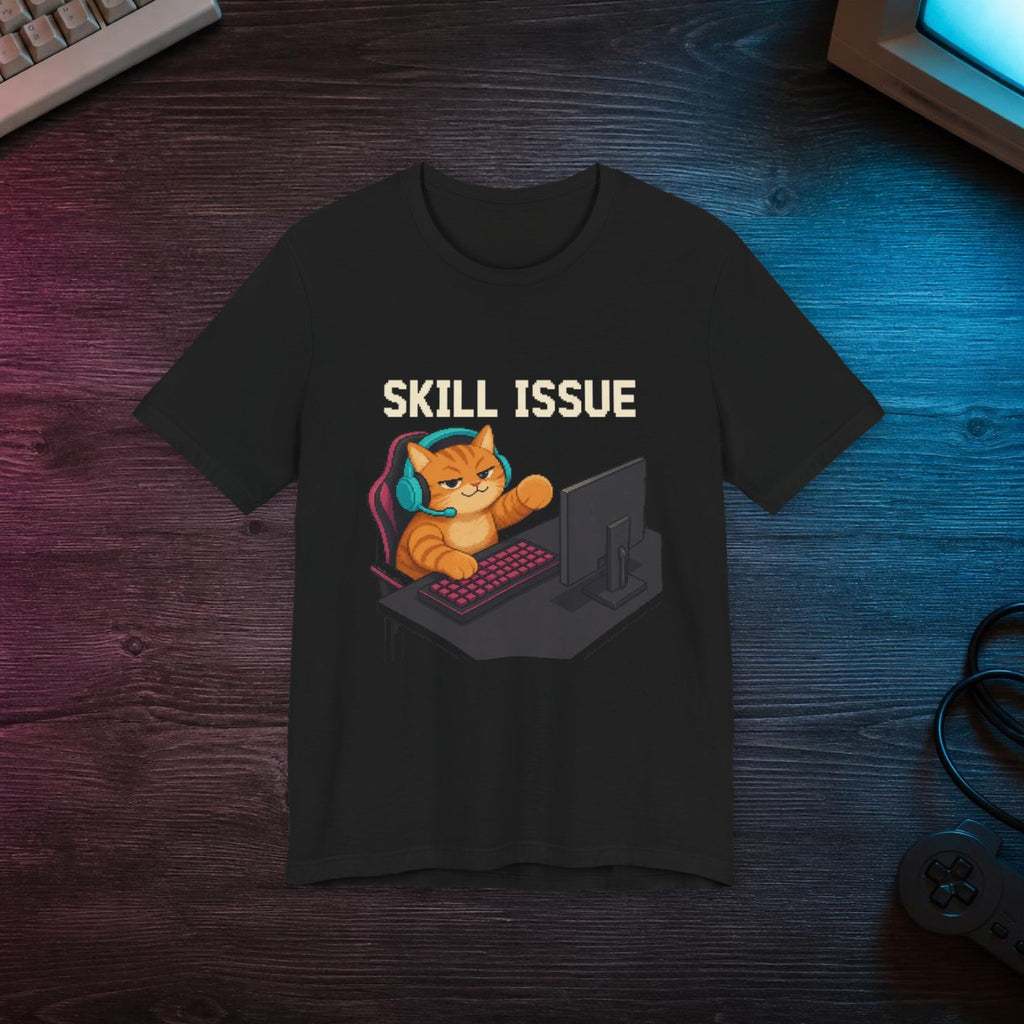 Skill Issue Gaming Cat T-Shirt — Wear8bit — faithful supplier-product retro gaming room scene; digital mockup [Wear8bit gaming cat v1]
