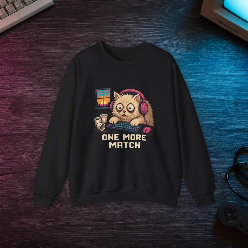 One More Match Gaming Cat Crewneck Sweatshirt — Wear8bit — faithful supplier-product retro gaming room scene; digital mockup [Wear8bit gaming cat v1]