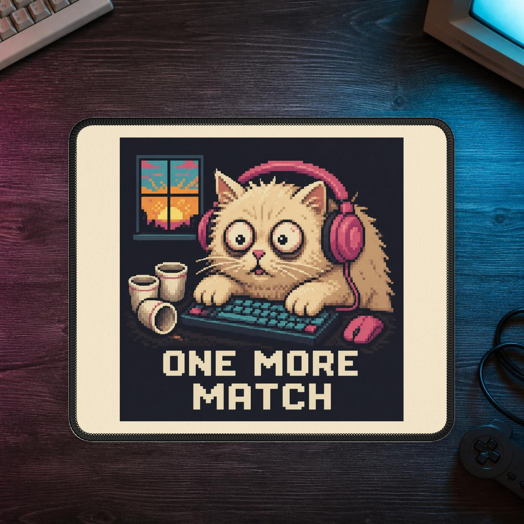 One More Match Gaming Cat Gaming Mousepad — Wear8bit — faithful supplier-product retro gaming room scene; digital mockup [Wear8bit gaming cat v1]