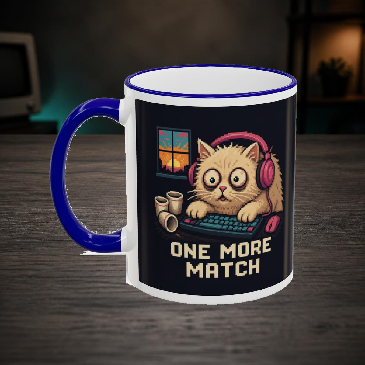 One More Match Gaming Cat Accent Mug — Wear8bit — faithful supplier-product retro gaming room scene; digital mockup [Wear8bit gaming cat v1]