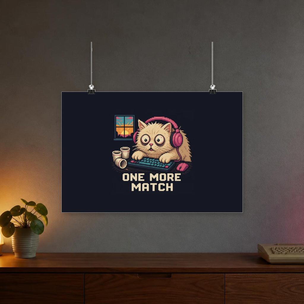 One More Match Gaming Cat Matte Poster — Wear8bit — faithful supplier-product retro gaming room scene; digital mockup [Wear8bit gaming cat v1]