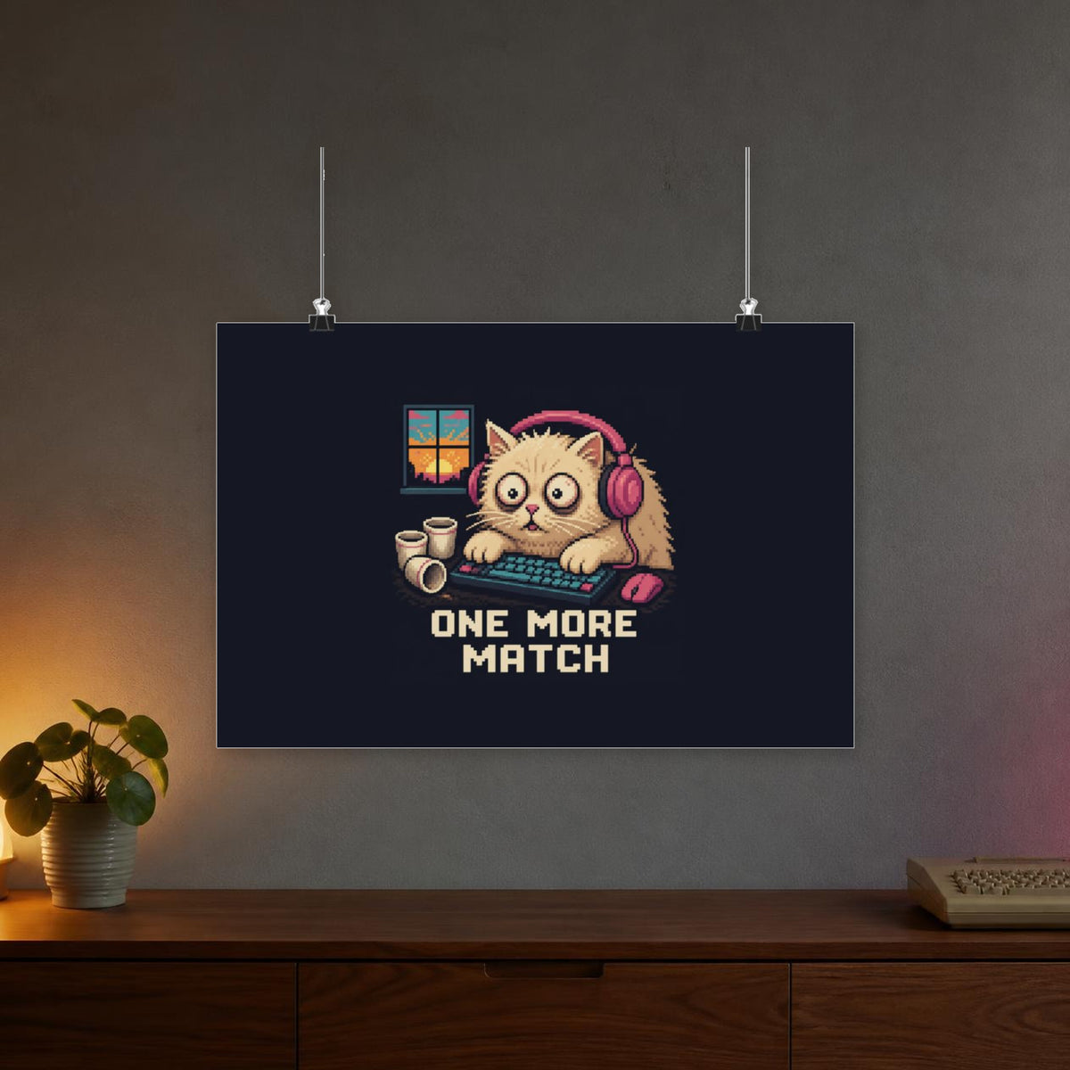 One More Match Gaming Cat Matte Poster — Wear8bit — faithful supplier-product retro gaming room scene; digital mockup [Wear8bit gaming cat v1]