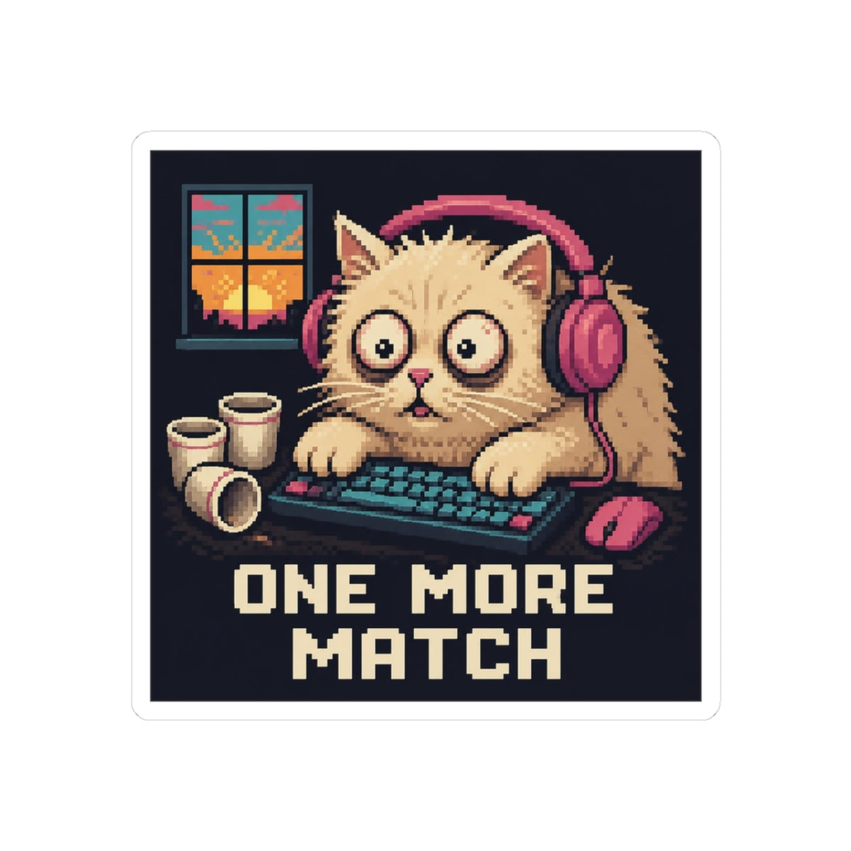 One More Match Gaming Cat Sticker — Wear8bit — complete actual supplier digital sticker render [Wear8bit gaming cat v1]