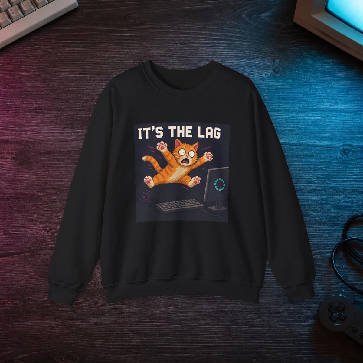 It'S The Lag Gaming Cat Crewneck Sweatshirt — Wear8bit — faithful supplier-product retro gaming room scene; digital mockup [Wear8bit gaming cat v1]