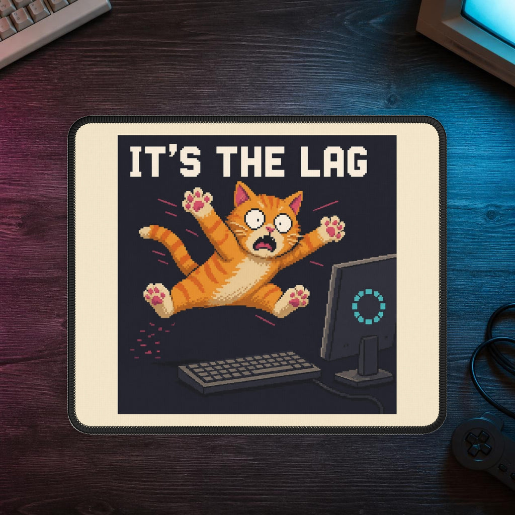 It'S The Lag Gaming Cat Gaming Mousepad — Wear8bit — faithful supplier-product retro gaming room scene; digital mockup [Wear8bit gaming cat v1]