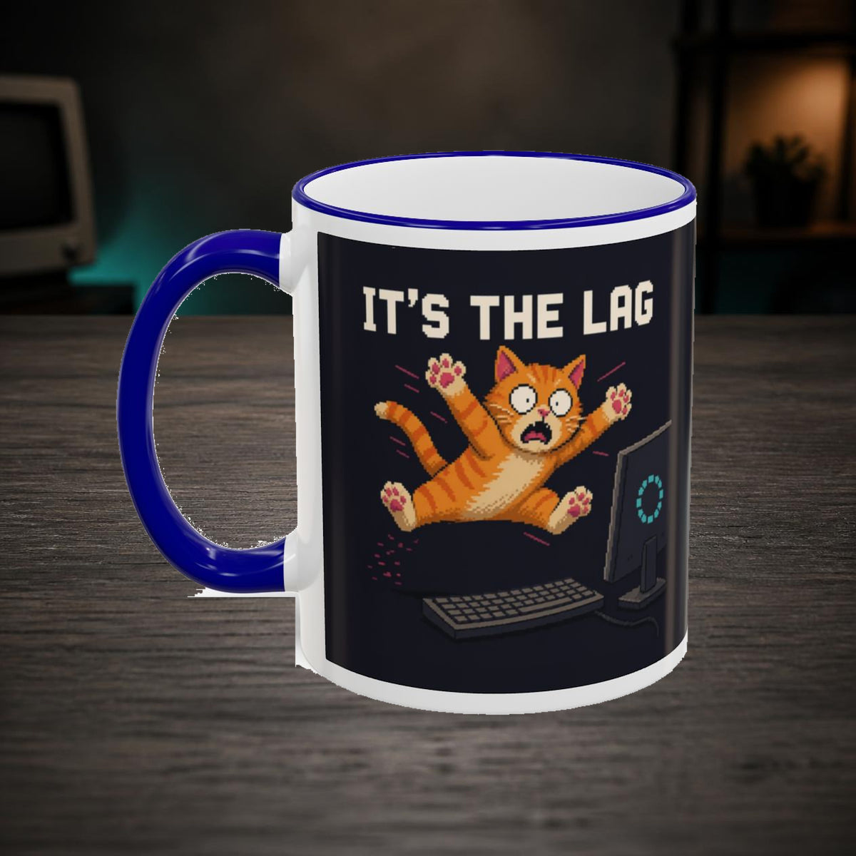 It'S The Lag Gaming Cat Accent Mug — Wear8bit — faithful supplier-product retro gaming room scene; digital mockup [Wear8bit gaming cat v1]