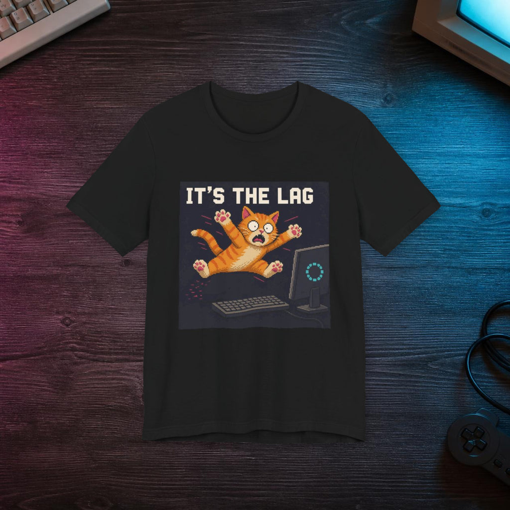 It'S The Lag Gaming Cat T-Shirt — Wear8bit — faithful supplier-product retro gaming room scene; digital mockup [Wear8bit gaming cat v1]