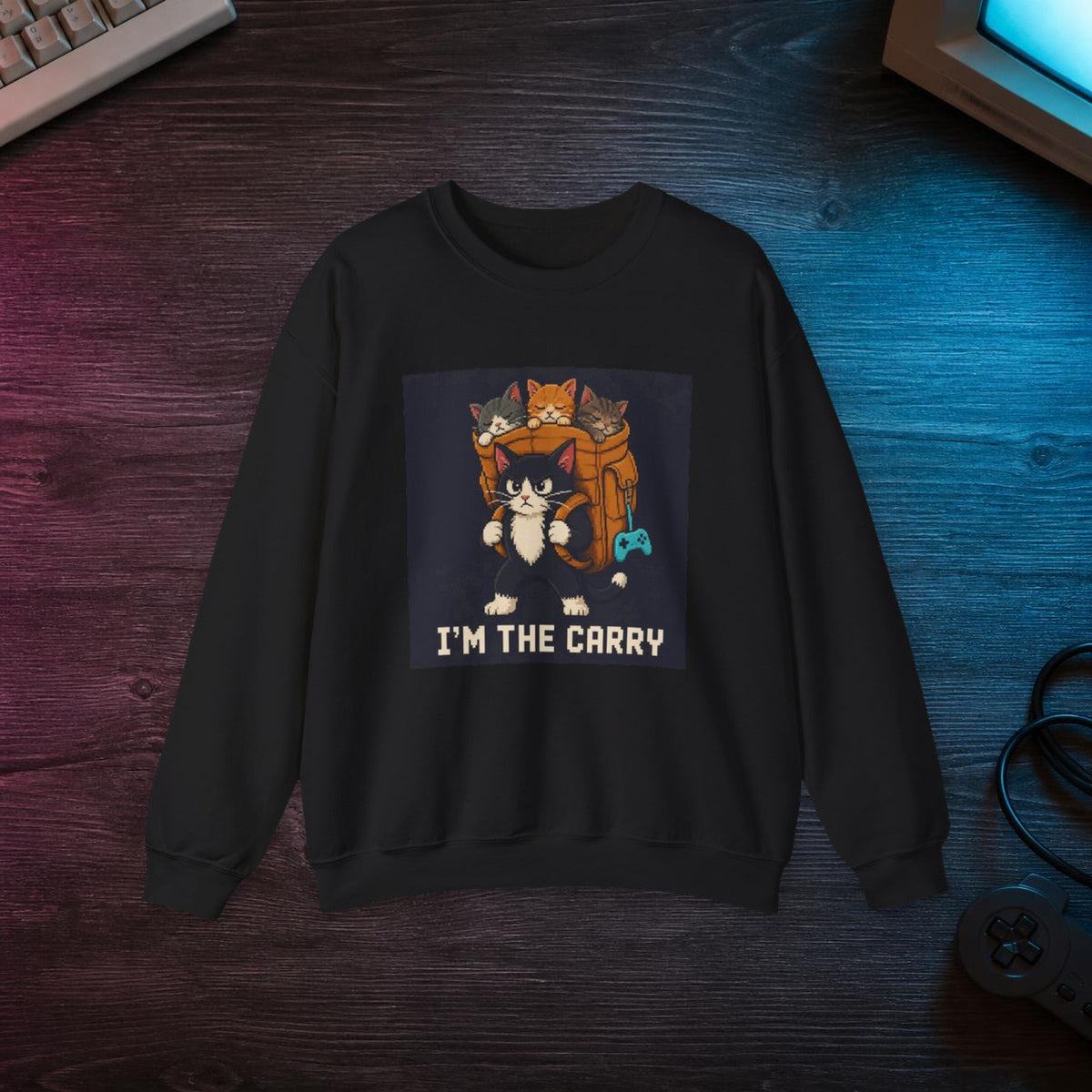 I'M The Carry Gaming Cat Crewneck Sweatshirt — Wear8bit — faithful supplier-product retro gaming room scene; digital mockup [Wear8bit gaming cat v1]