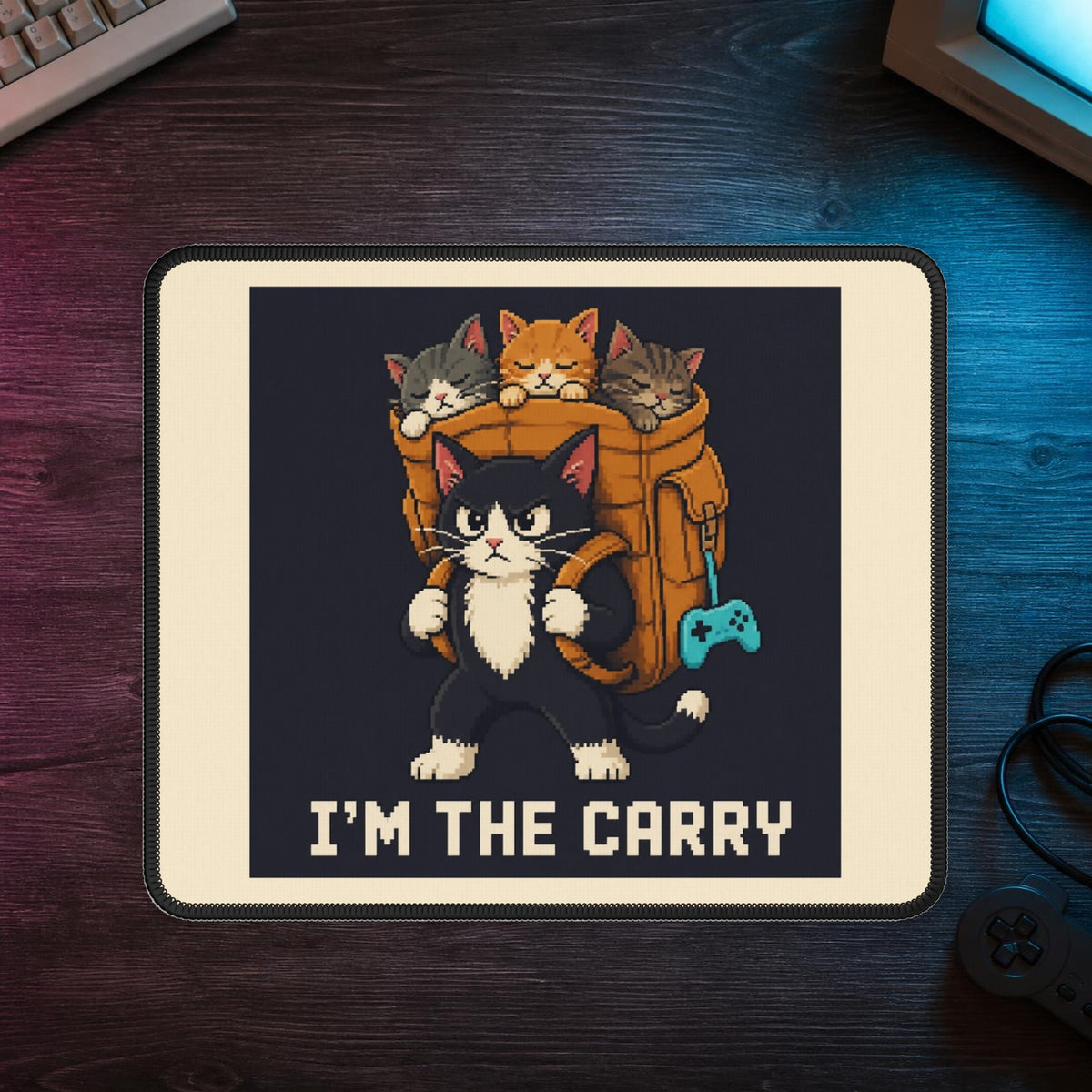 I'M The Carry Gaming Cat Gaming Mousepad — Wear8bit — faithful supplier-product retro gaming room scene; digital mockup [Wear8bit gaming cat v1]