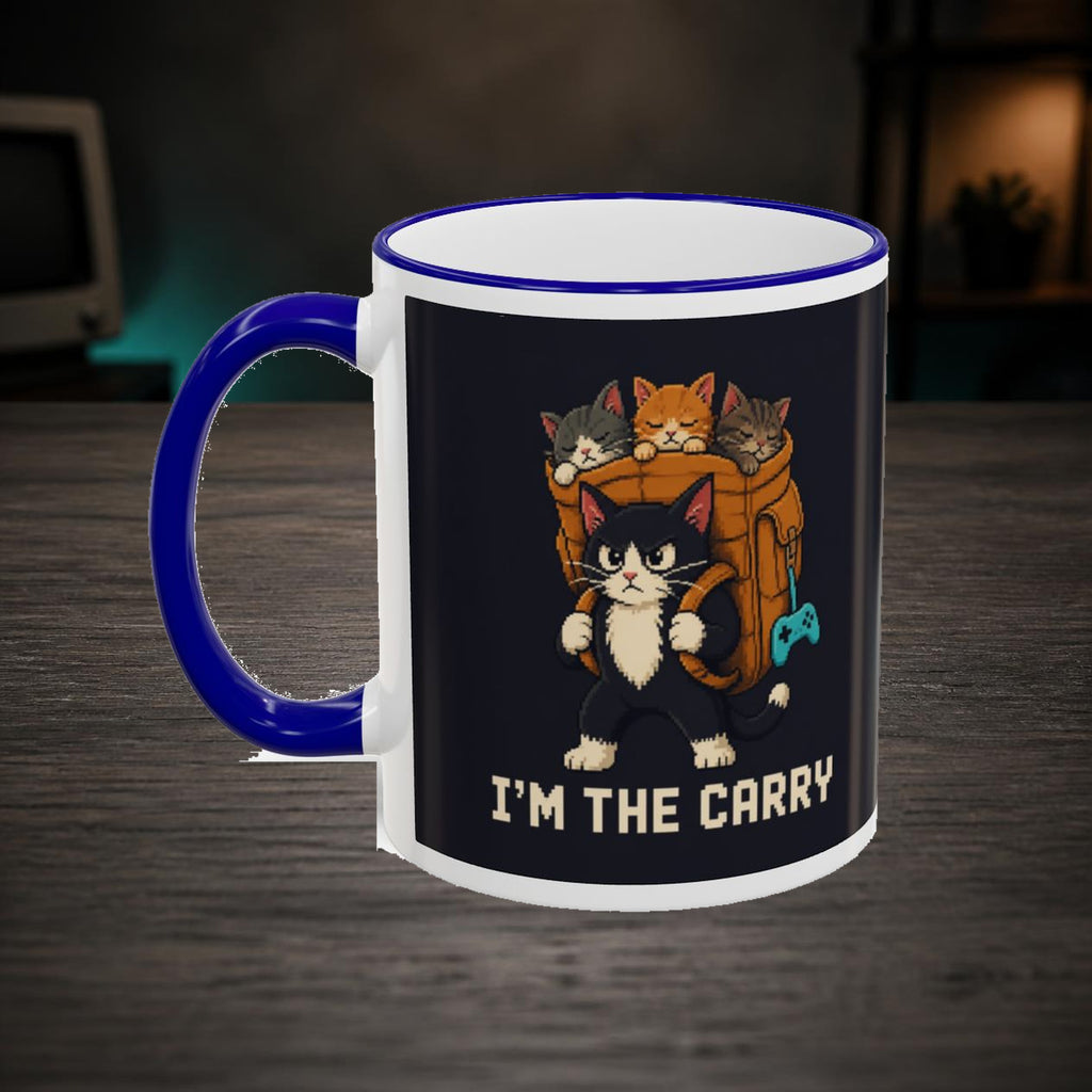 I'M The Carry Gaming Cat Accent Mug — Wear8bit — faithful supplier-product retro gaming room scene; digital mockup [Wear8bit gaming cat v1]
