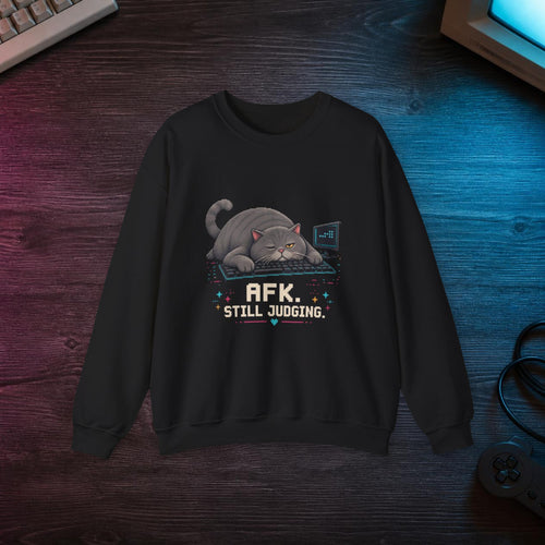 Afk. Still Judging. Gaming Cat Crewneck Sweatshirt — Wear8bit — faithful supplier-product retro gaming room scene; digital mockup [Wear8bit gaming cat v1]