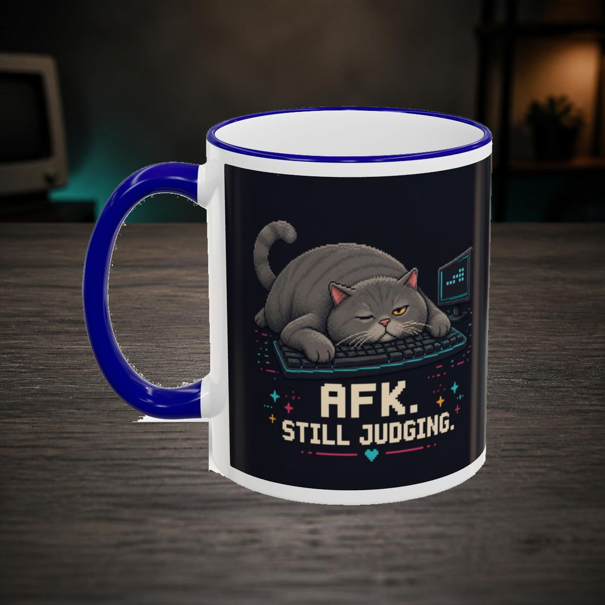 Afk. Still Judging. Gaming Cat Accent Mug — Wear8bit — faithful supplier-product retro gaming room scene; digital mockup [Wear8bit gaming cat v1]