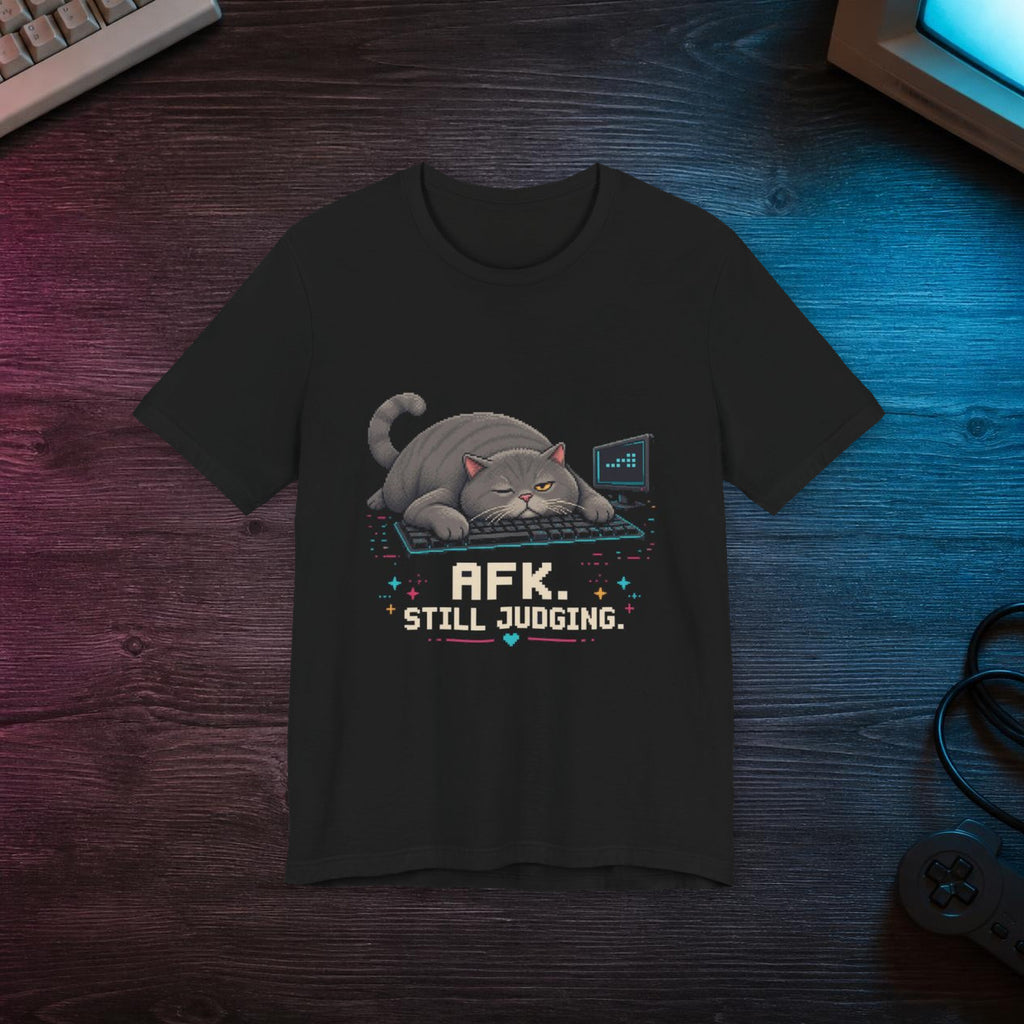Afk. Still Judging. Gaming Cat T-Shirt — Wear8bit — faithful supplier-product retro gaming room scene; digital mockup [Wear8bit gaming cat v1]