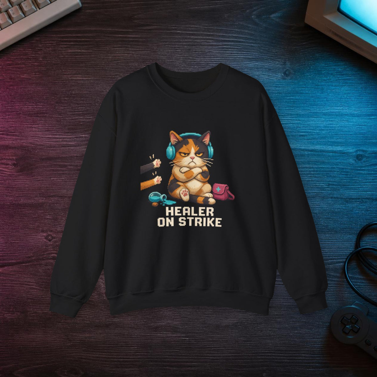 Healer On Strike Gaming Cat Crewneck Sweatshirt — Wear8bit — faithful supplier-product retro gaming room scene; digital mockup [Wear8bit gaming cat v1]