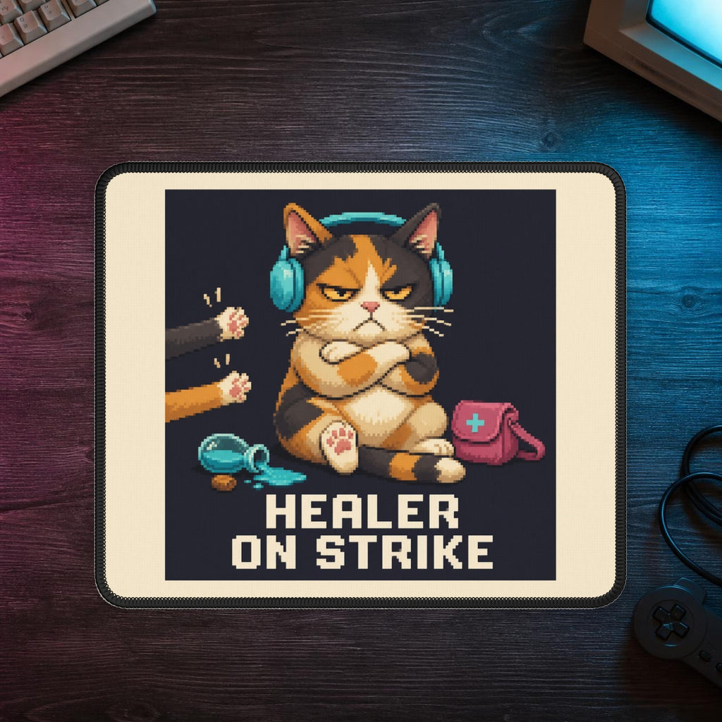 Healer On Strike Gaming Cat Gaming Mousepad — Wear8bit — faithful supplier-product retro gaming room scene; digital mockup [Wear8bit gaming cat v1]