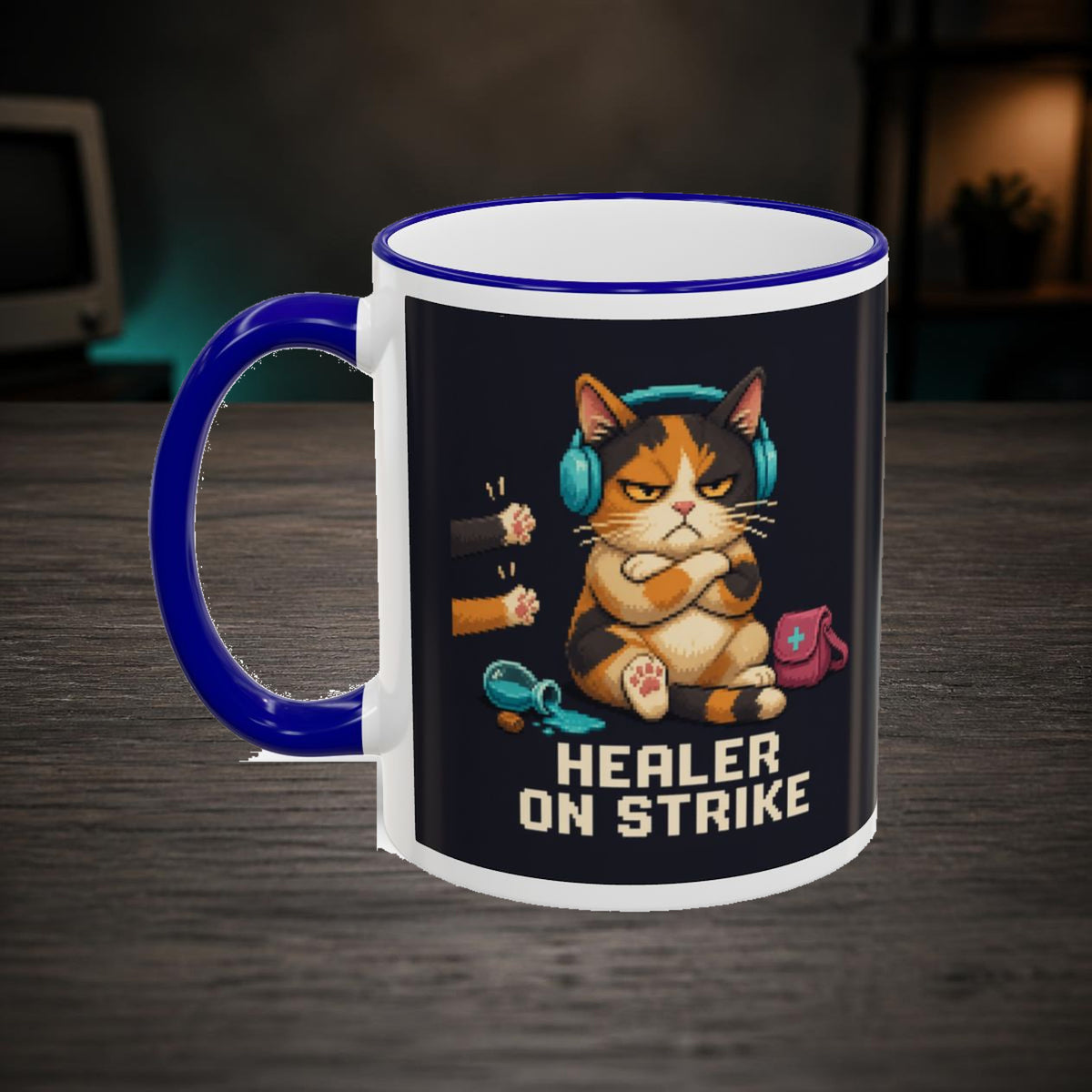 Healer On Strike Gaming Cat Accent Mug — Wear8bit — faithful supplier-product retro gaming room scene; digital mockup [Wear8bit gaming cat v1]