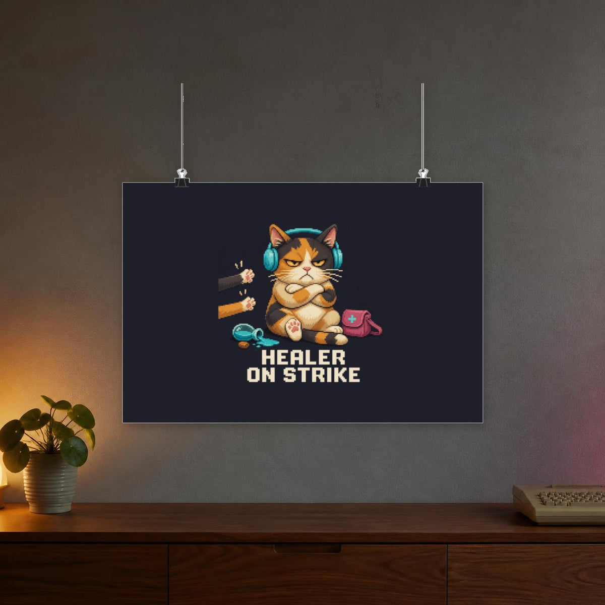 Healer On Strike Gaming Cat Matte Poster — Wear8bit — faithful supplier-product retro gaming room scene; digital mockup [Wear8bit gaming cat v1]