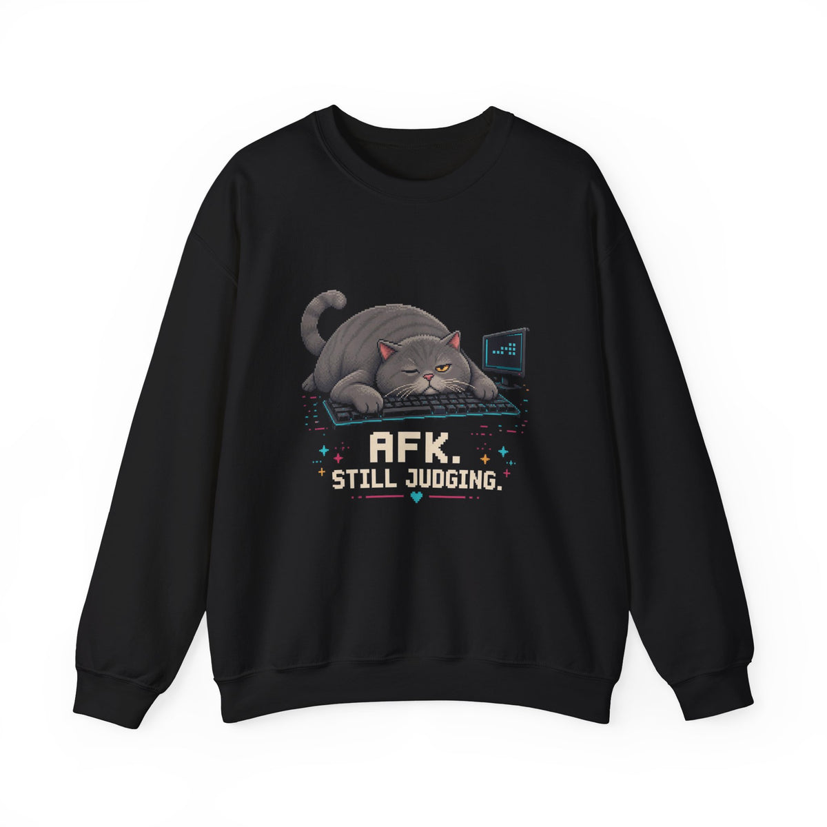 Afk. Still Judging. Gaming Cat Crewneck Sweatshirt — Wear8bit — supplier digital product render, angle 1