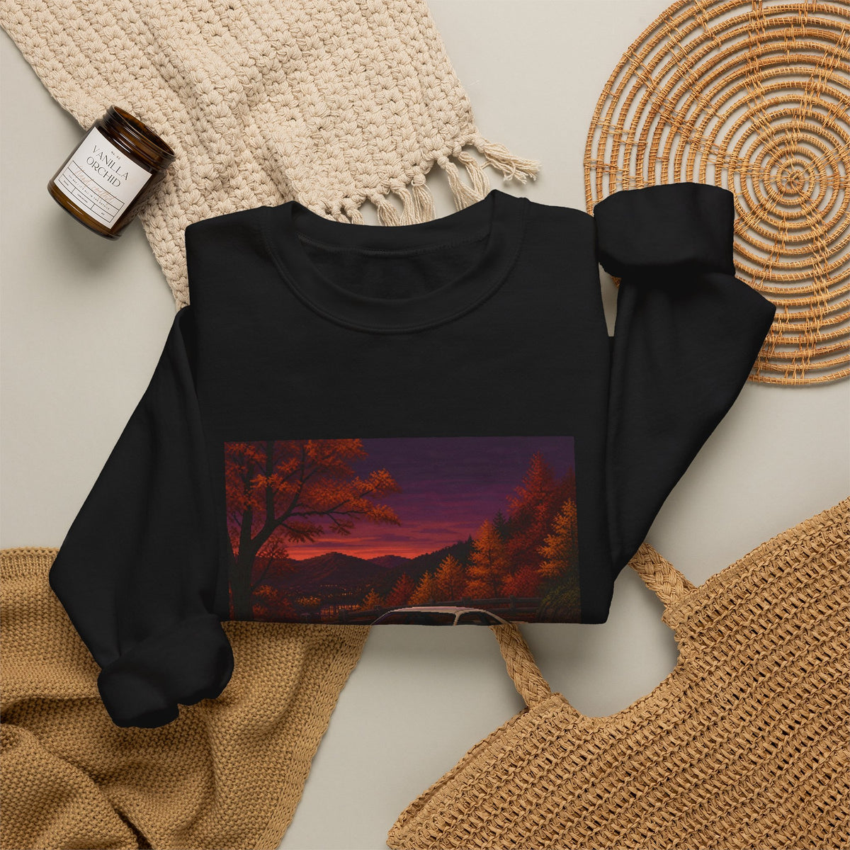 Amber Overdrive Pixel Art Crewneck Sweatshirt — Fall & Cozy — original Wear8bit pixel-art product design, product image 6, digital mockup