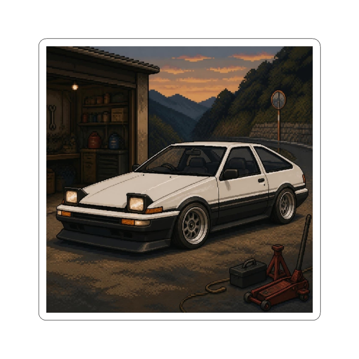 Dusk Beltline Pixel Art Sticker — 90s Night Drive — original Wear8bit pixel-art product design, product image 2, digital mockup