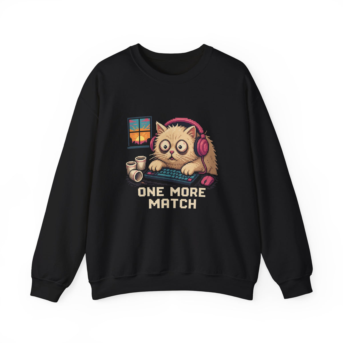 One More Match Gaming Cat Crewneck Sweatshirt — Wear8bit — supplier digital product render, angle 1