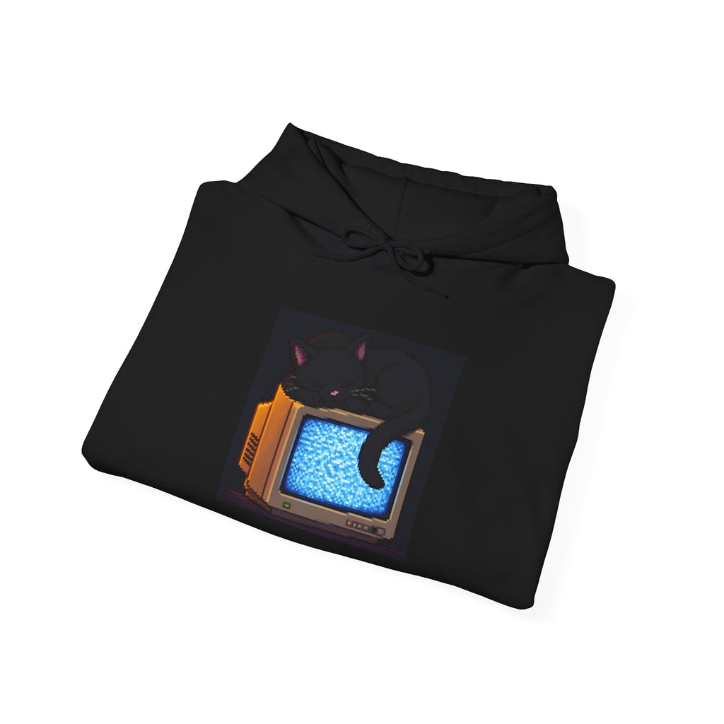 CRT Cat Pixel Art Fleece Hoodie — Winter & Cozy — original Wear8bit pixel-art product design, product image 6, digital mockup