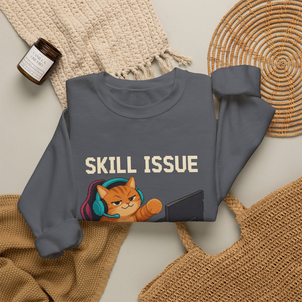 Skill Issue Gaming Cat Crewneck Sweatshirt — Wear8bit — supplier digital product render, angle 8