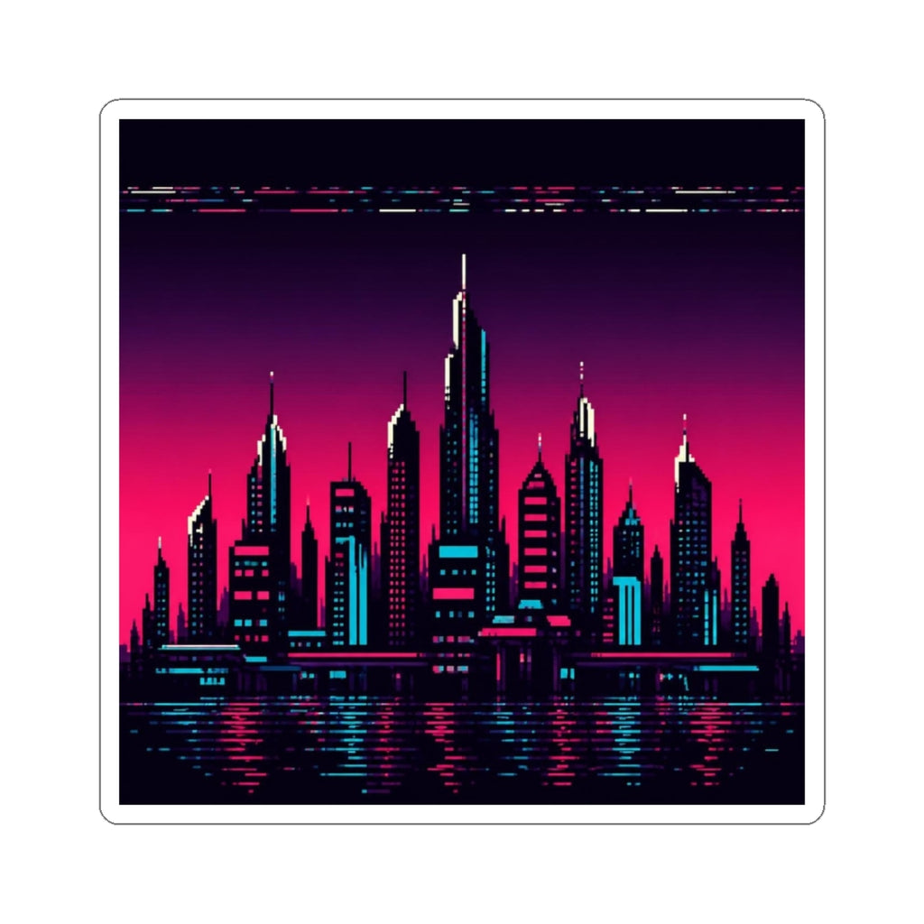 Chrome Skyline Sticker — Retro-Futurist Pixel Art Decal, Synthwave Sticker — original Wear8bit pixel-art product design, product image 2, digital mockup