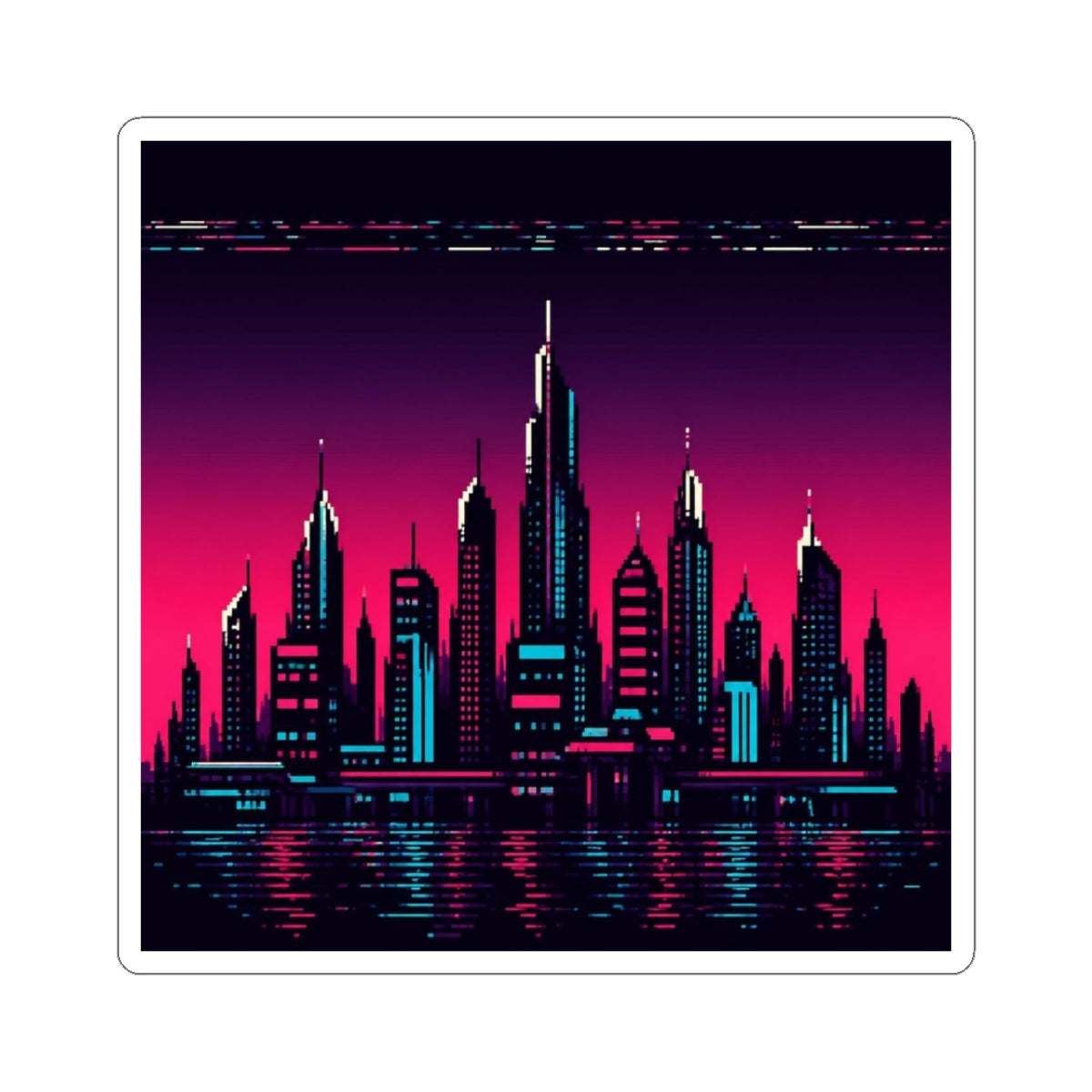 Chrome Skyline Sticker — Retro-Futurist Pixel Art Decal, Synthwave Sticker — original Wear8bit pixel-art product design, product image 2, digital mockup