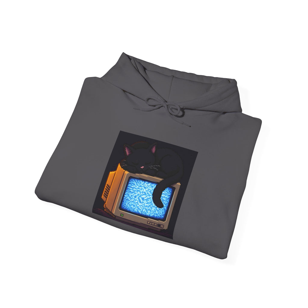 CRT Cat Pixel Art Fleece Hoodie — Winter & Cozy — original Wear8bit pixel-art product design, product image 9, digital mockup