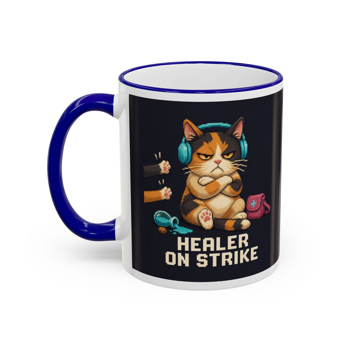 Healer On Strike Gaming Cat Accent Mug — Wear8bit — supplier digital product render, angle 3