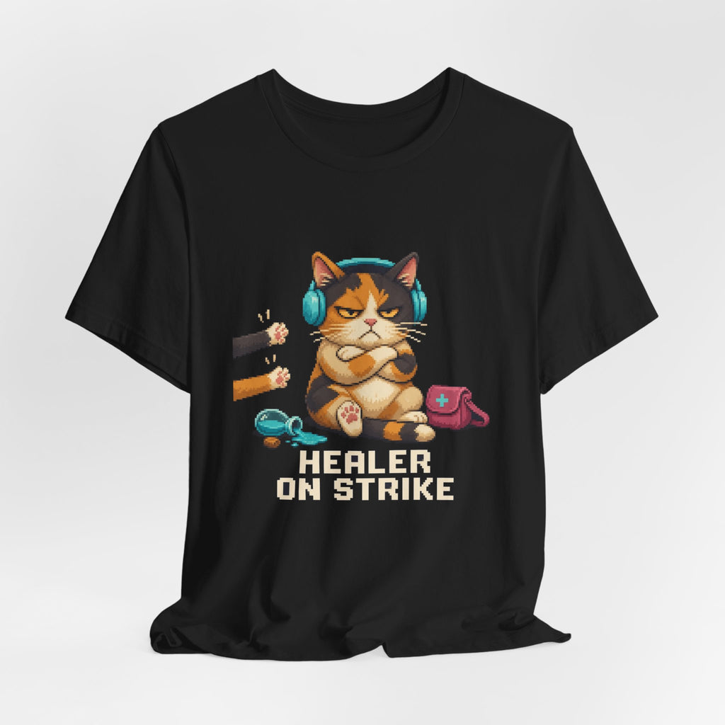 Healer On Strike Gaming Cat T-Shirt — Wear8bit — supplier digital product render, angle 4