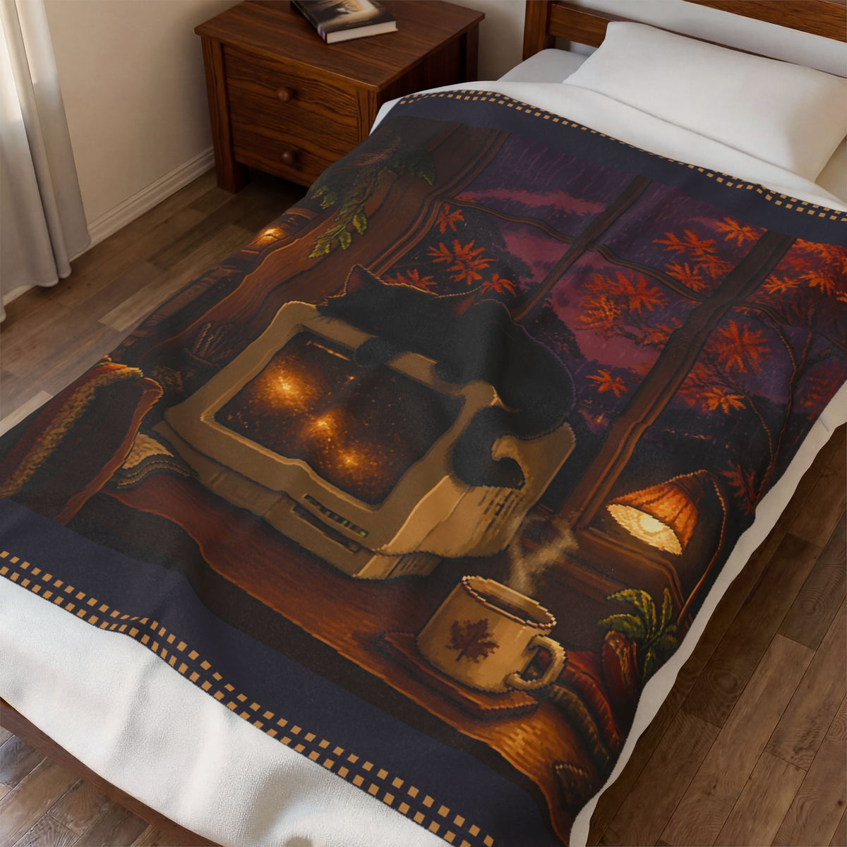 Rainy CRT Cat Pixel Art Plush Blanket — Fall & Cozy — original Wear8bit pixel-art product design, product image 4, digital mockup