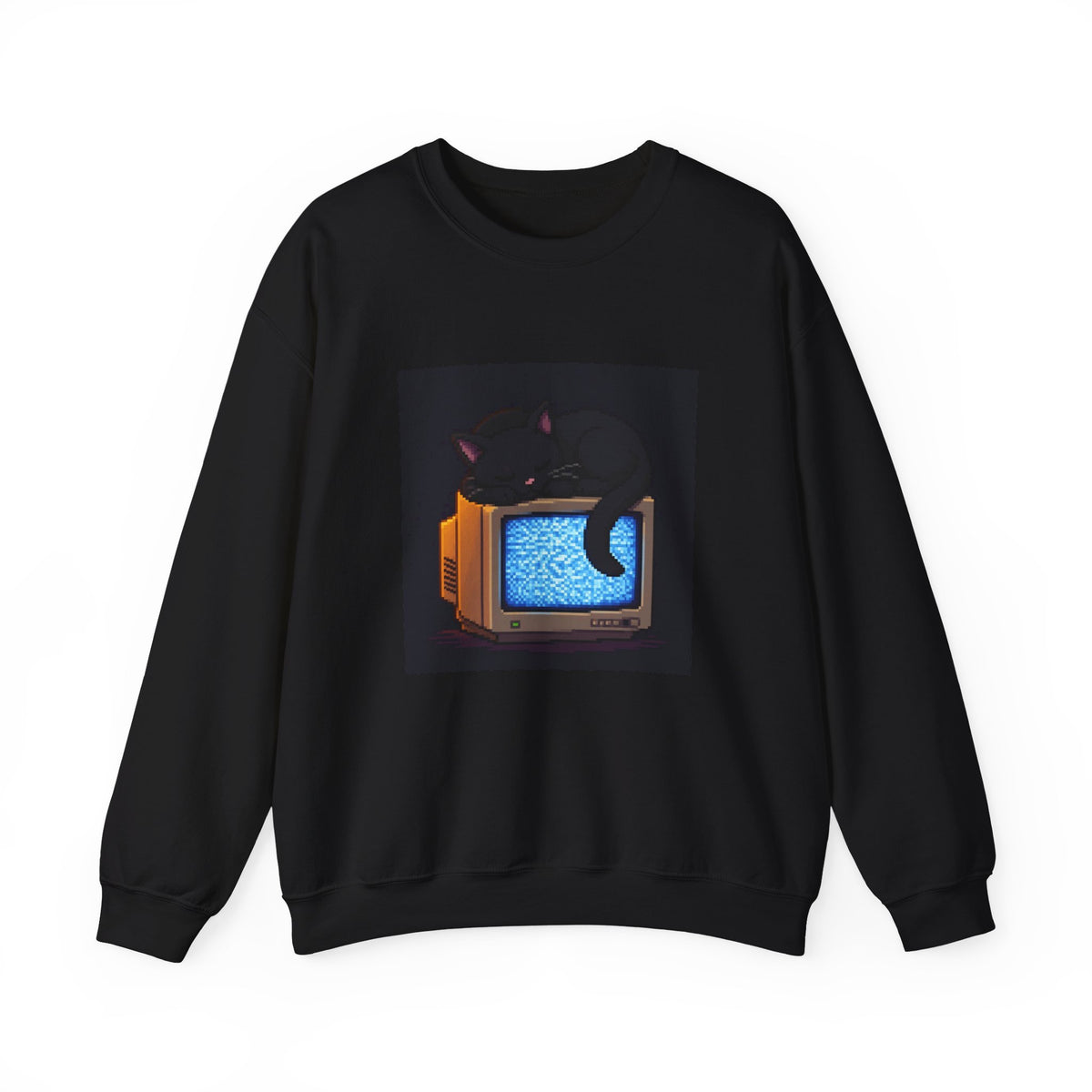 CRT Cat Pixel Art Crewneck Sweatshirt — Winter & Cozy — original Wear8bit pixel-art product design, product image 2, digital mockup