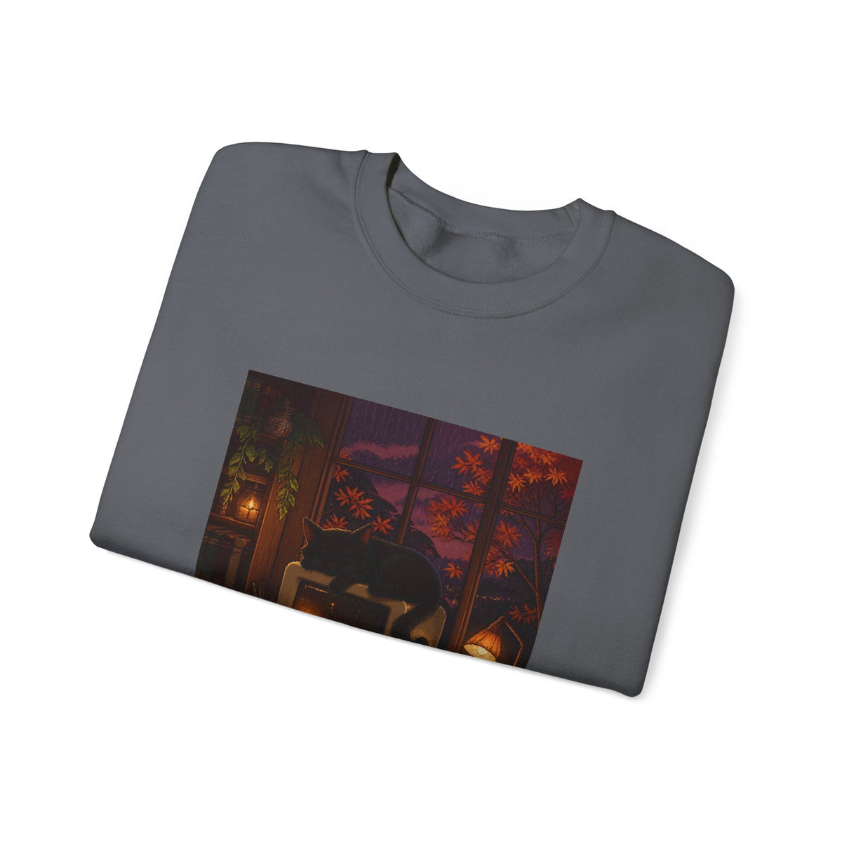 Rainy CRT Cat Pixel Art Crewneck Sweatshirt — Fall & Cozy — original Wear8bit pixel-art product design, product image 8, digital mockup