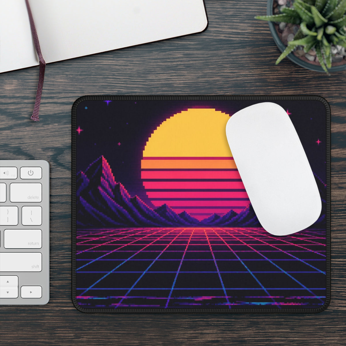 Synthwave Sunset Grid Mousepad — Retro Gaming Desk Decor, Neon Pixel Art — original Wear8bit pixel-art product design, product image 4, digital mockup