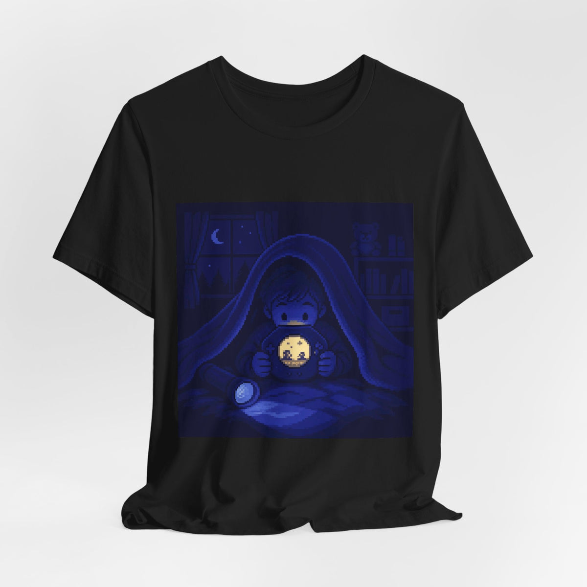 Moonlit Player Graphic Tee — Flashlight Gaming Pixel Art Shirt, Nostalgia Tee — original Wear8bit pixel-art product design, product image 5, digital mockup