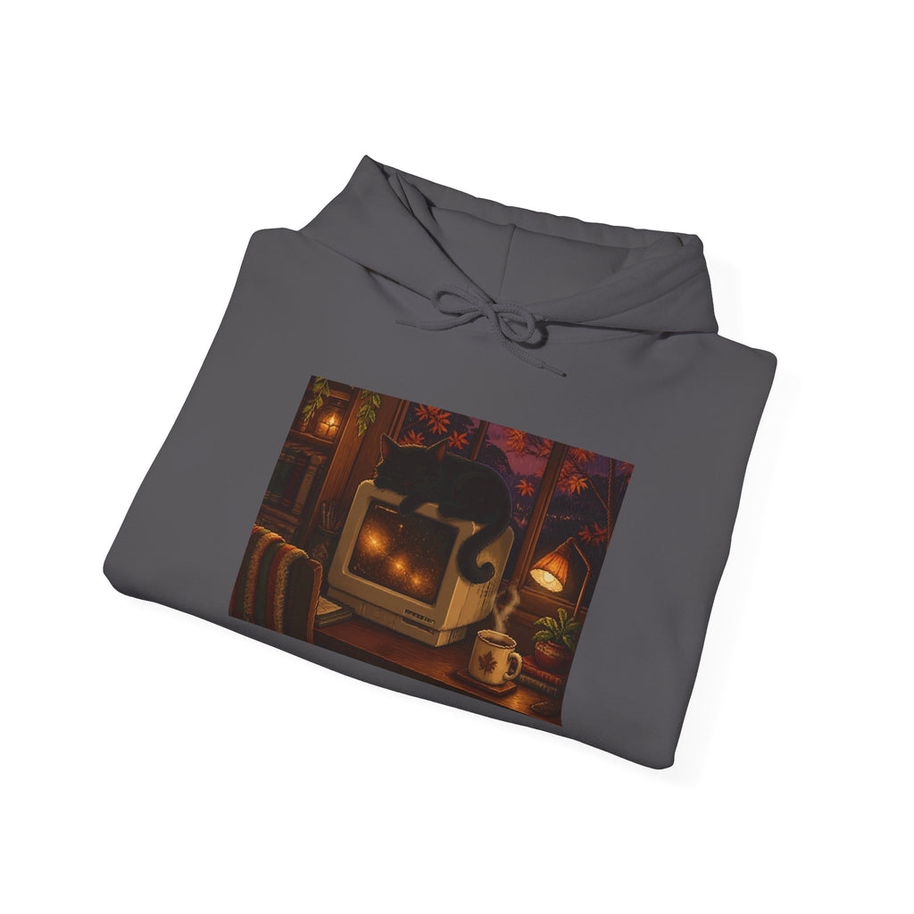Rainy CRT Cat Pixel Art Fleece Hoodie — Fall & Cozy — original Wear8bit pixel-art product design, product image 9, digital mockup