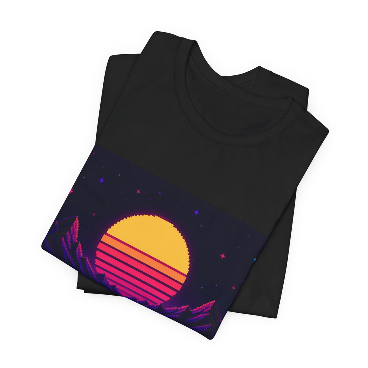 Grid Horizon Graphic Tee — Original Synthwave Pixel Art, Retro Gaming Shirt — original Wear8bit pixel-art product design, product image 4, digital mockup