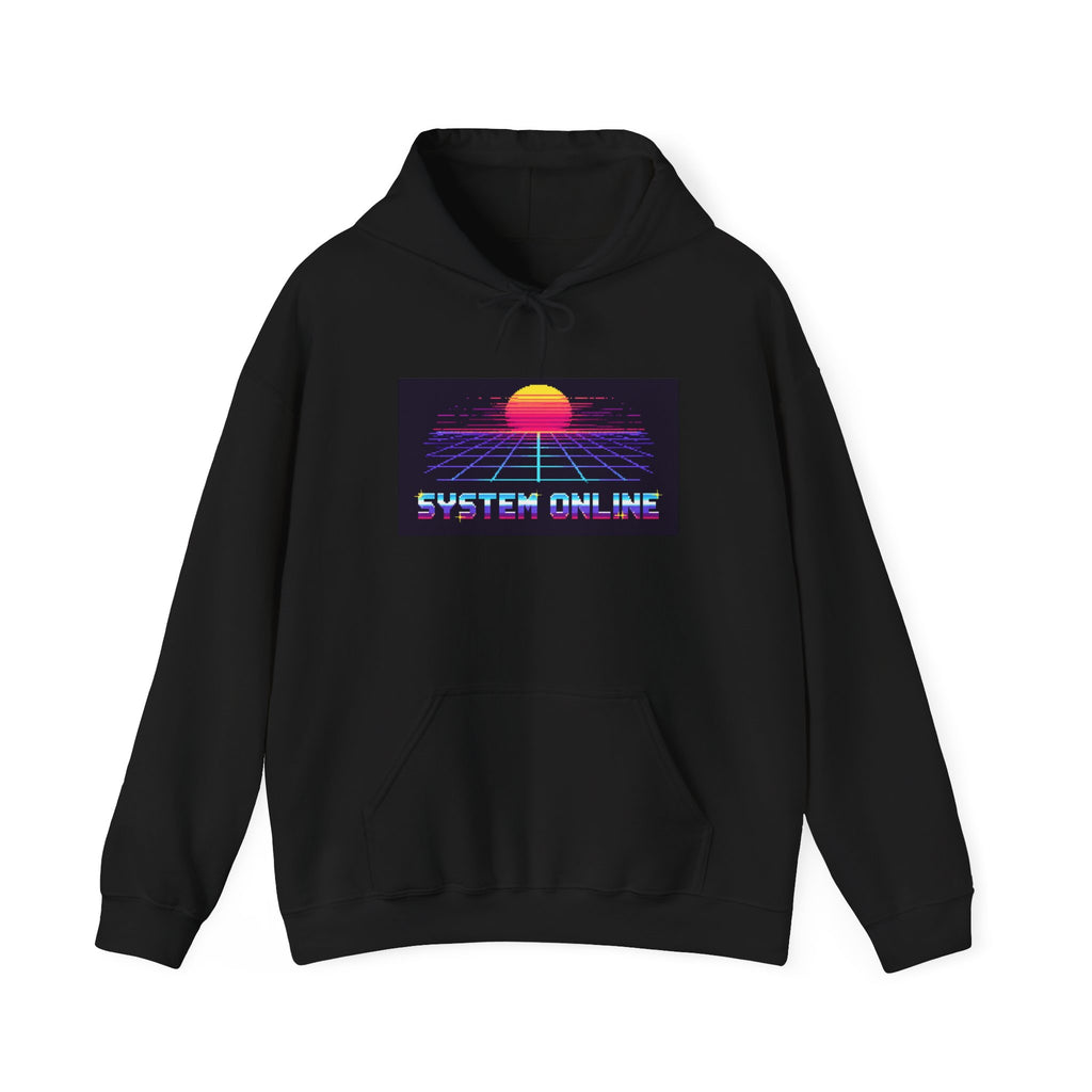 System Online Hoodie — Synthwave Pixel Art Wordmark Pullover, Retro Gaming Merch — original Wear8bit pixel-art product design, product image 2, digital mockup