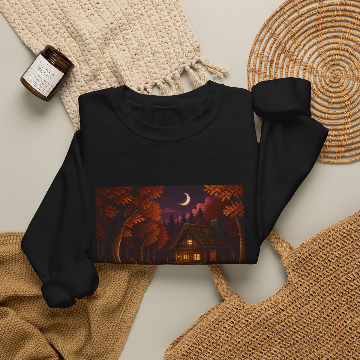 Amber Save Point Pixel Art Crewneck Sweatshirt — Fall & Cozy — original Wear8bit pixel-art product design, product image 6, digital mockup