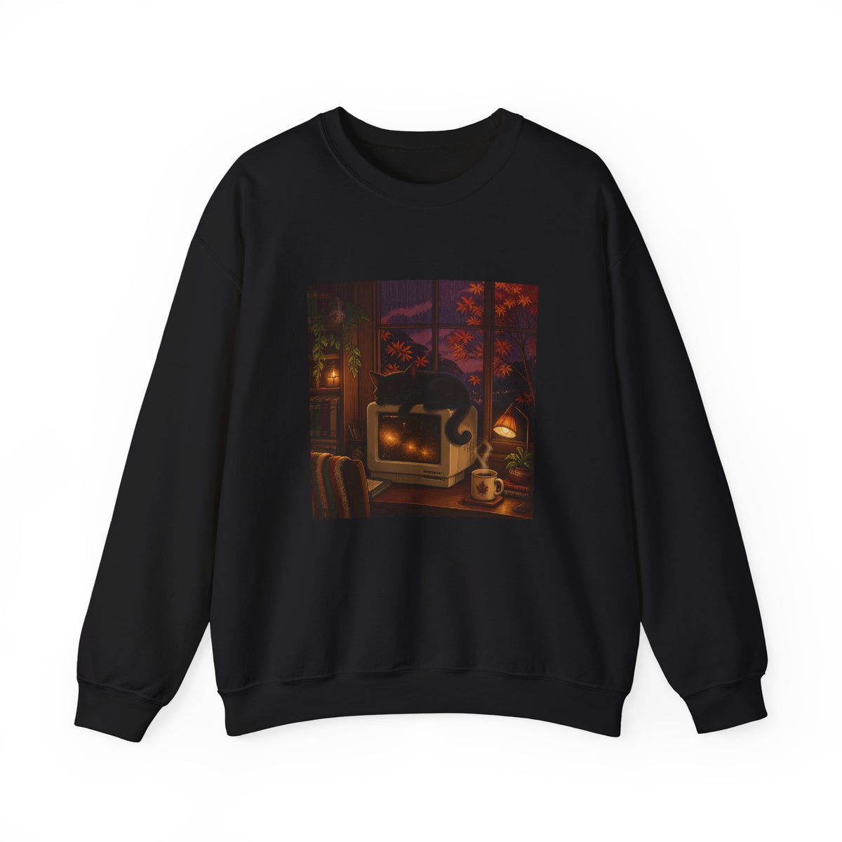Rainy CRT Cat Pixel Art Crewneck Sweatshirt — Fall & Cozy — original Wear8bit pixel-art product design, product image 2, digital mockup