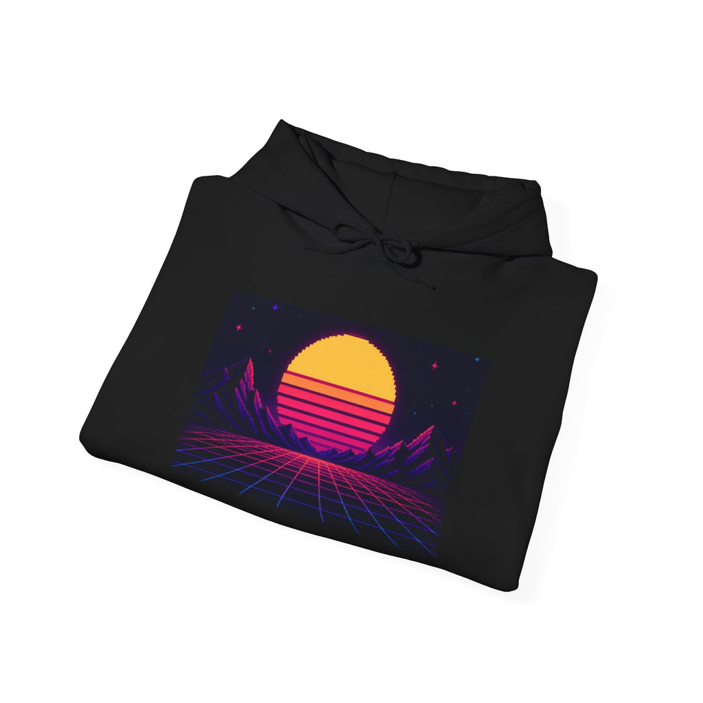 Grid Horizon Hoodie — Synthwave Pixel Art Pullover, Retro Gaming Merch — original Wear8bit pixel-art product design, product image 5, digital mockup