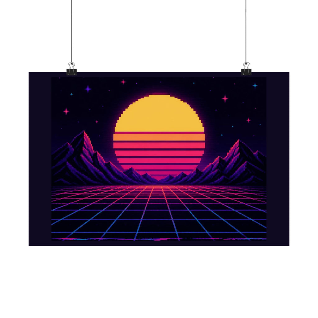 Synthwave Sunset Grid Poster — Retro 80s Neon Wall Art, CRT Glitch Print — original Wear8bit pixel-art product design, product image 2, digital mockup