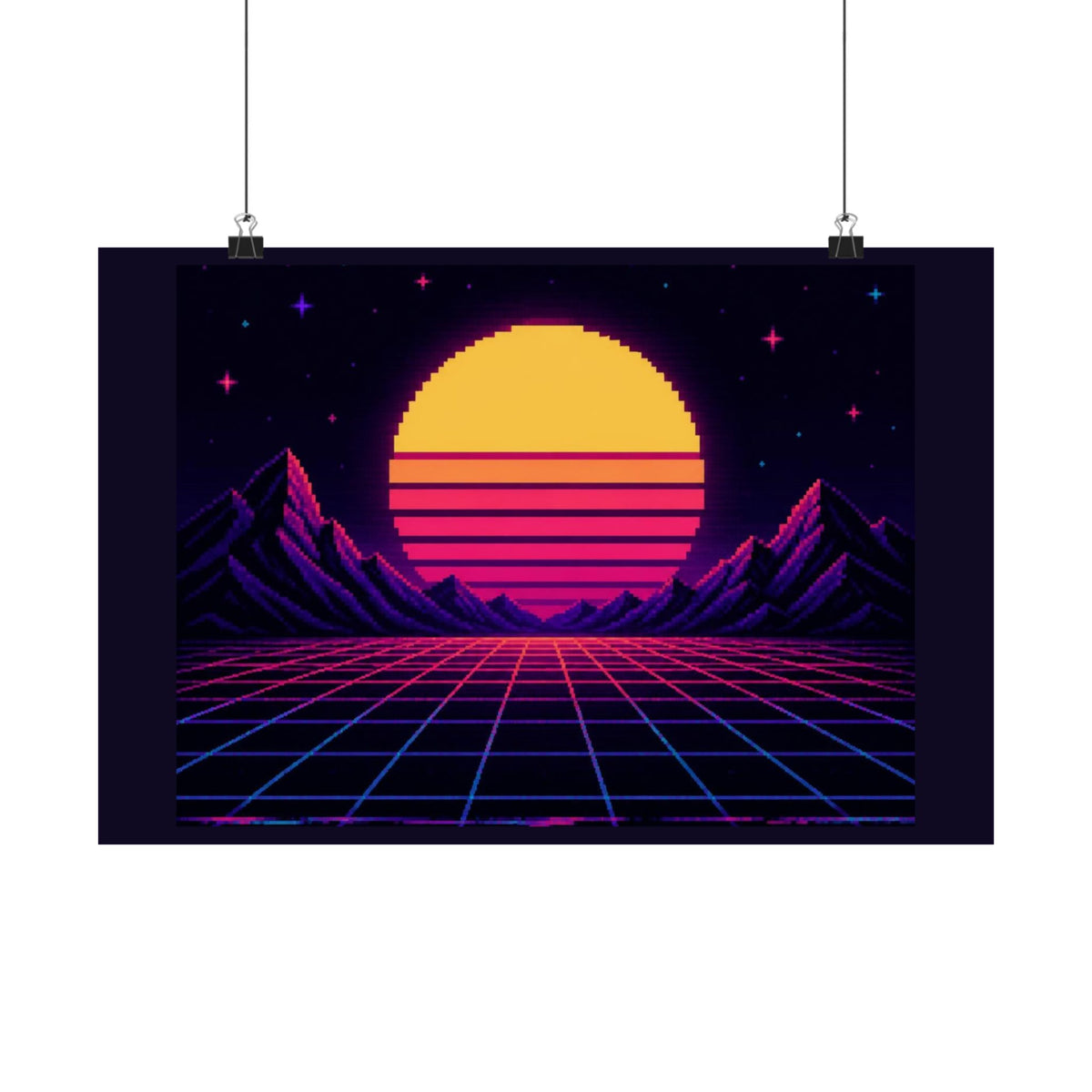 Synthwave Sunset Grid Poster — Retro 80s Neon Wall Art, CRT Glitch Print — original Wear8bit pixel-art product design, product image 2, digital mockup