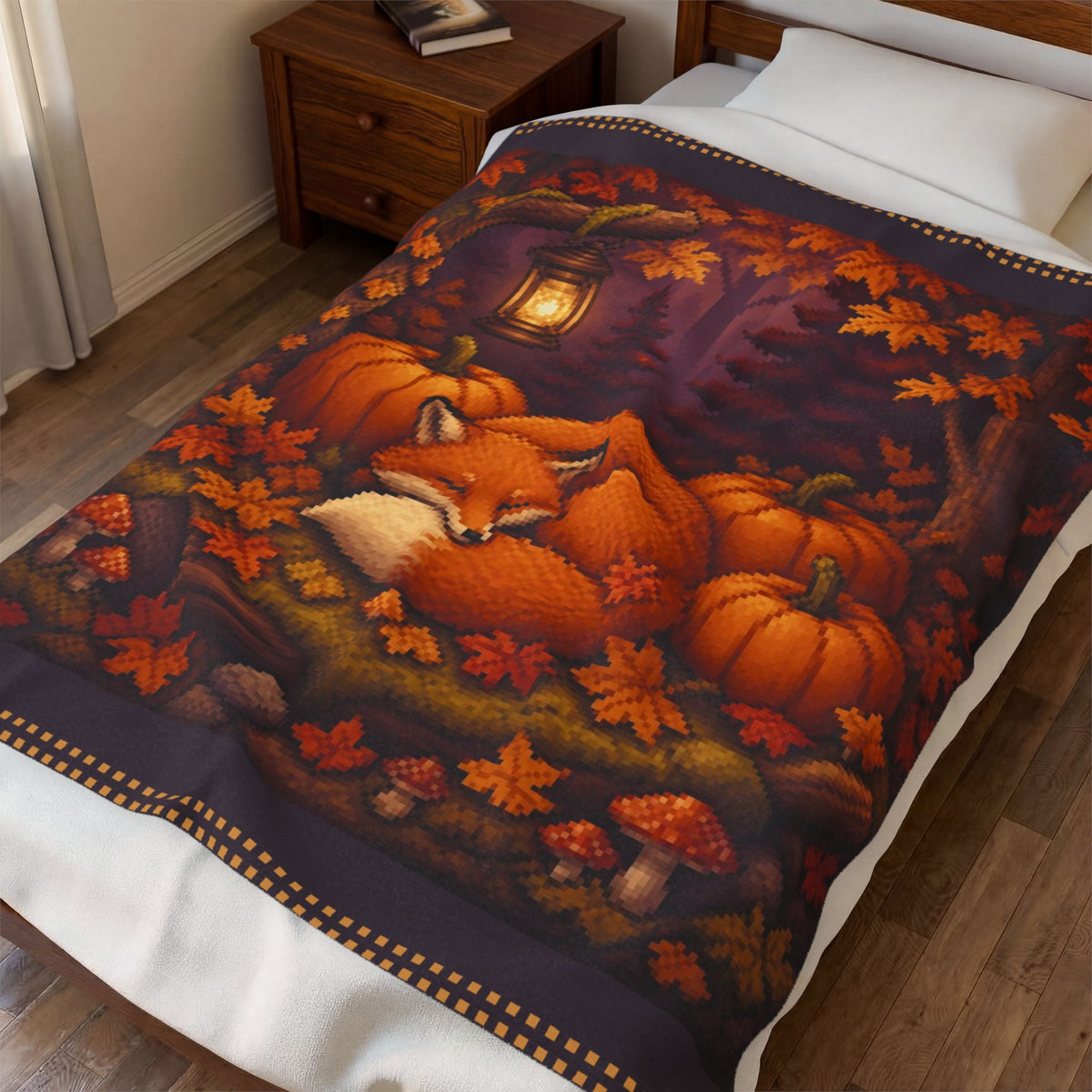 Harvest Fox Pixel Art Plush Blanket — Fall & Cozy — original Wear8bit pixel-art product design, product image 4, digital mockup