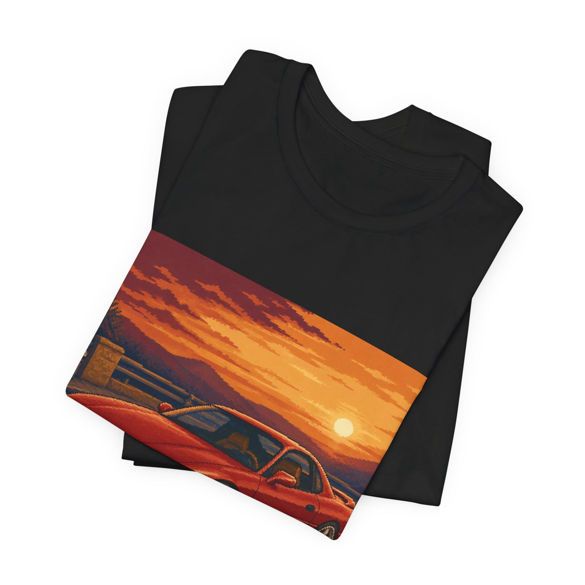 Sunset Grand Tourer Pixel Art Tee — 90s Night Drive — original Wear8bit pixel-art product design, product image 4, digital mockup